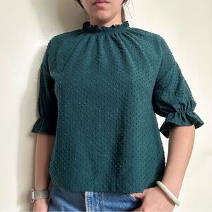 Madewell Texture & Thread Dark Green Clip Dot Ruffle Top